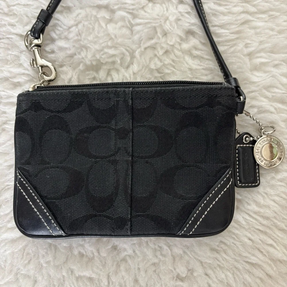 Coach CC Signature Canvas Black Leather Wristlet with Charm